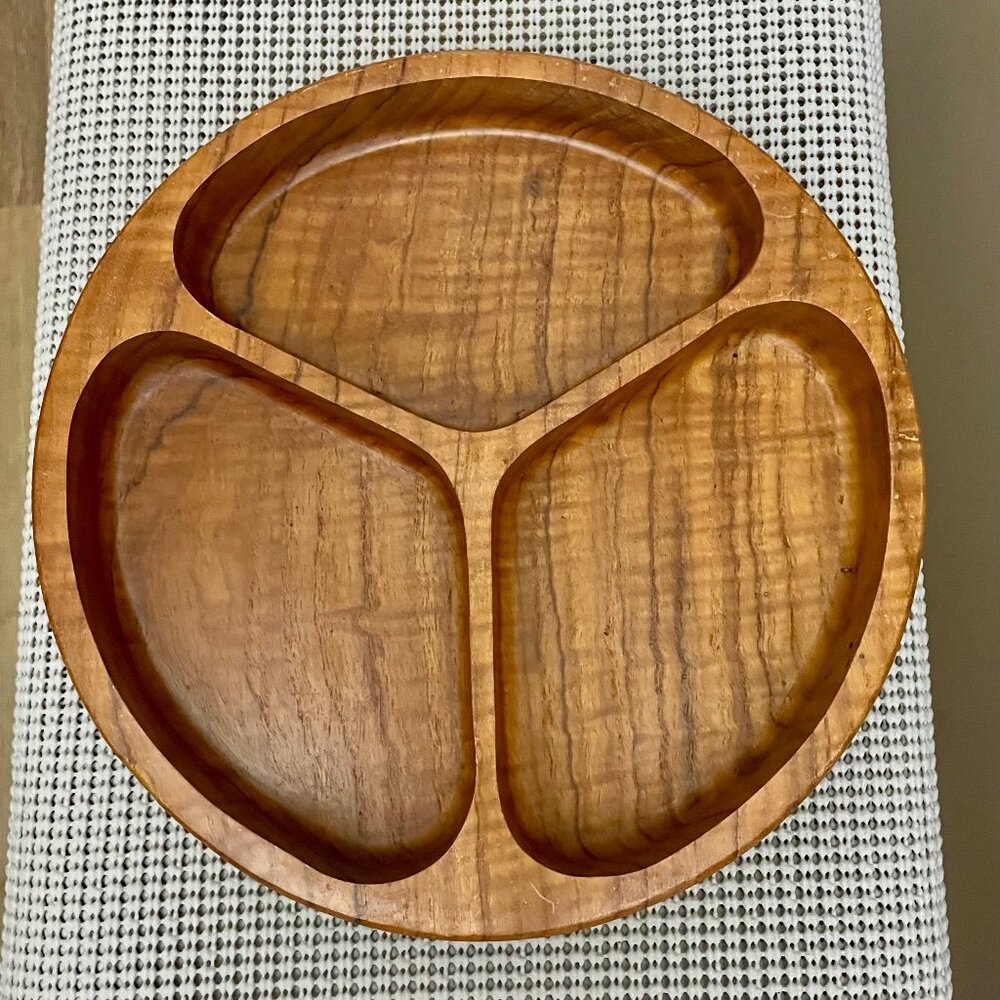 Vintage Teak Wood 3-Section Divided Serving Dish Dolphin Thailand 9.25"